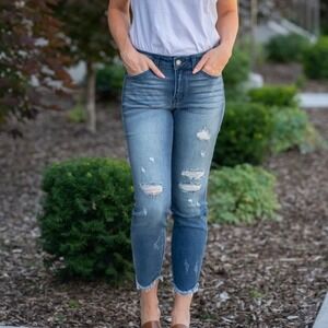 KanCan Distressed Tulip Hem Mid Rise Skinny Jeans Women's Size 7 27 Blue Grunge